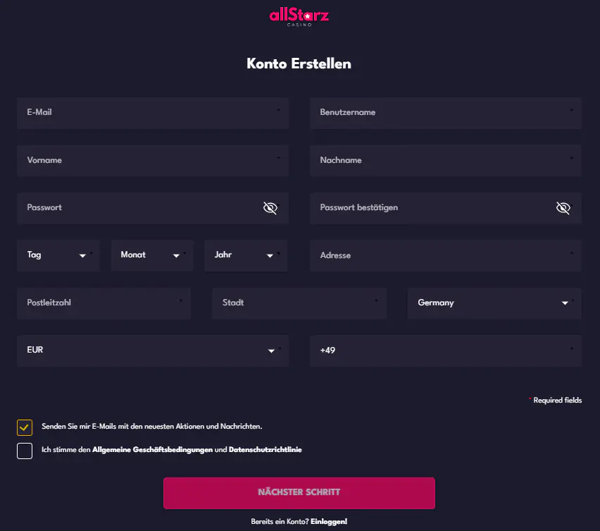 Allstarz Casino-Kontoregistrierungsformular